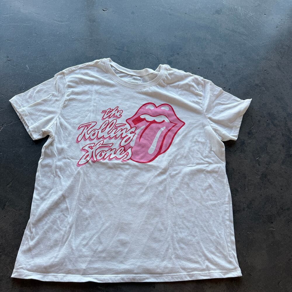 Vintage Y2 K Rolling Stones White Pink Rock Band Tour Graphic T-Shirt Women's L